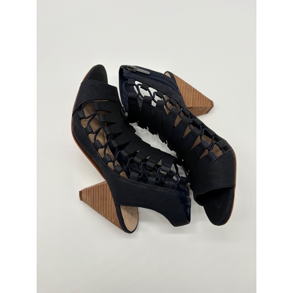 Vince Camuto Caged Sandals Womens 8M Blue Good Leather Laser Cut Cone Heel Boot